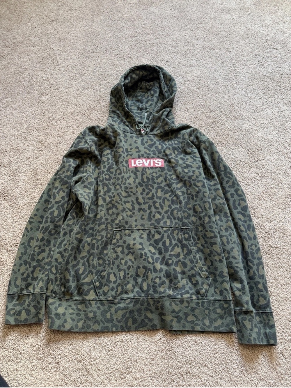 Levi's Olive Green Leopard Print Crewneck Hoodie with Pink Logo